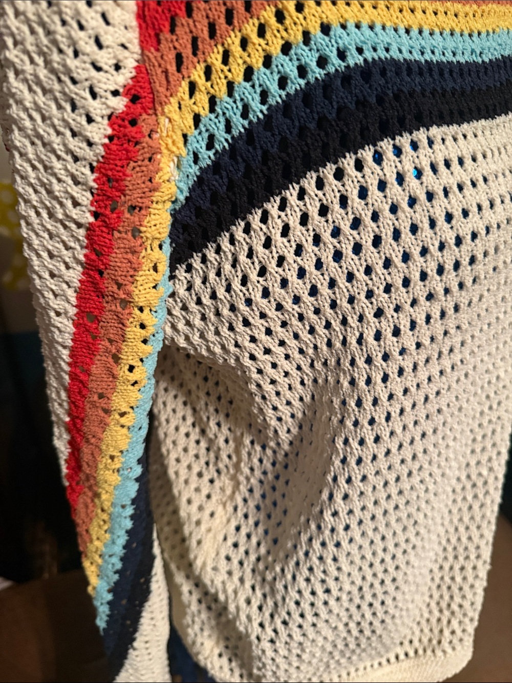 Cream Open-Knit Sweater with Rainbow Stripe Detail - Picture 4 of 6